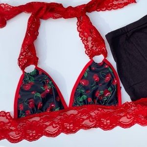 Dippin daisys cherries lace bikini top & black skirt cover